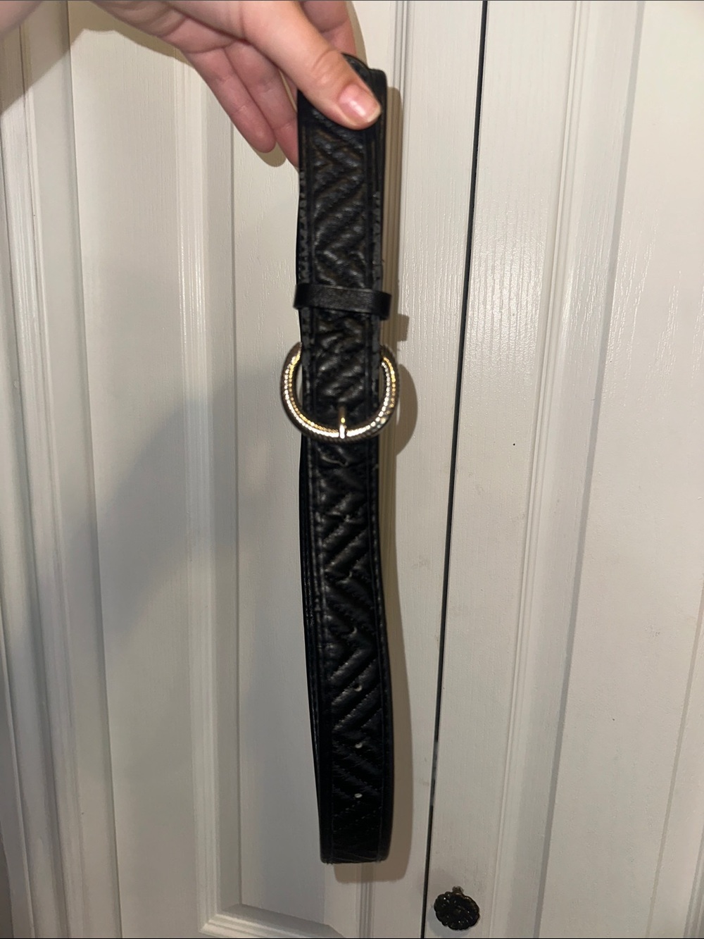 Black Quilted Leather Belt with Silver-Tone Round Buckle